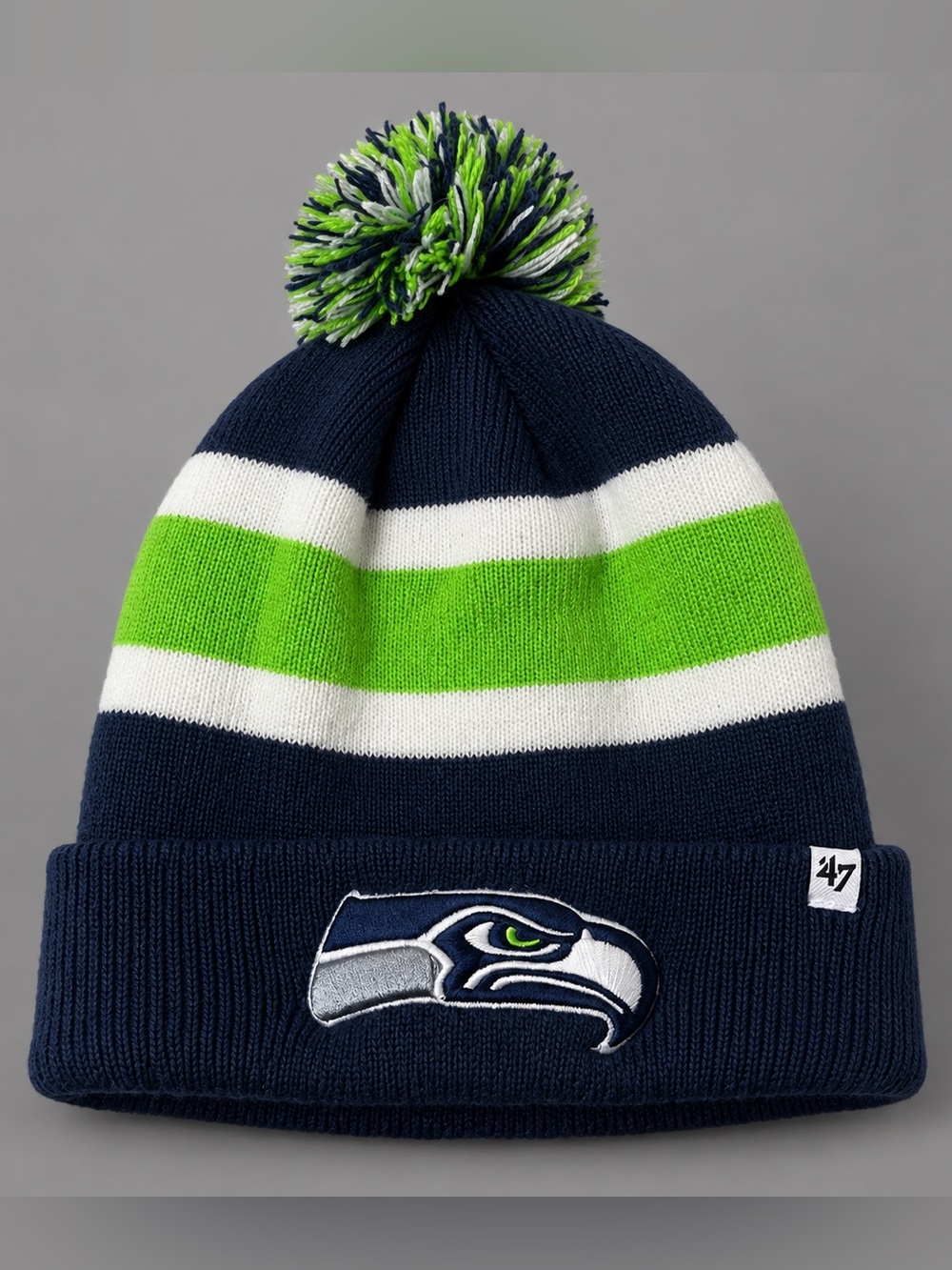 Seattle Seahawks ’47 Unisex Beanie Hat Pom Pom Navy Green White OSFA